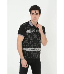 Erkek Yakalı Slim Fit Baskılı T-Shirt - Siyah