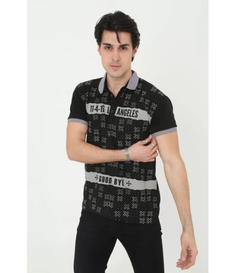 Erkek Yakalı Slim Fit Baskılı T-Shirt - Siyah
