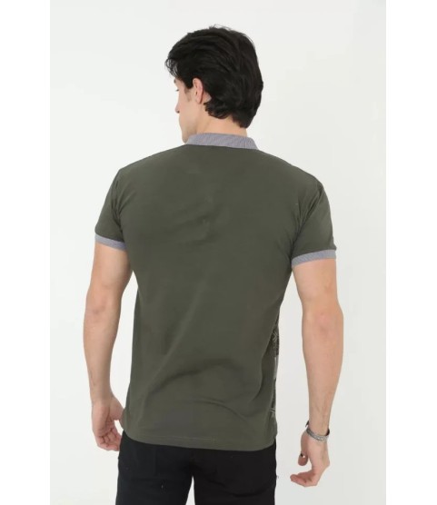 Erkek Yakalı Slim Fit Baskılı T-Shirt - Haki