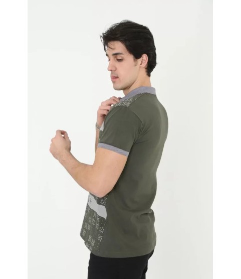 Erkek Yakalı Slim Fit Baskılı T-Shirt - Haki