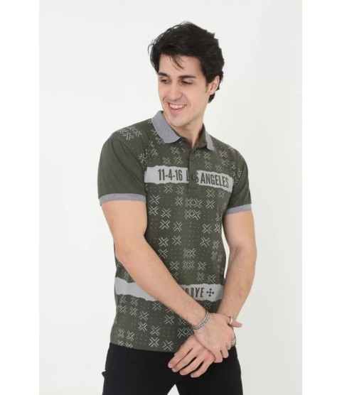 Erkek Yakalı Slim Fit Baskılı T-Shirt - Haki