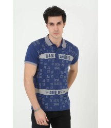 Erkek Yakalı Slim Fit Baskılı T-Shirt - Mavi