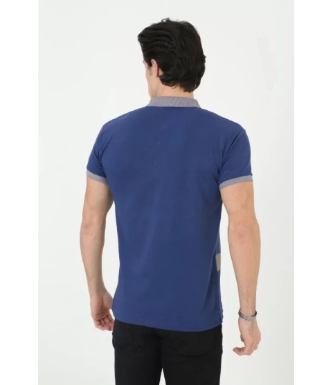 Erkek Yakalı Slim Fit Baskılı T-Shirt - Mavi