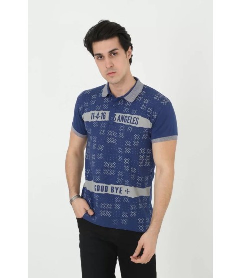Erkek Yakalı Slim Fit Baskılı T-Shirt - Mavi