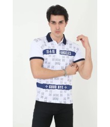 Erkek Yakalı Slim Fit Baskılı T-Shirt - Beyaz