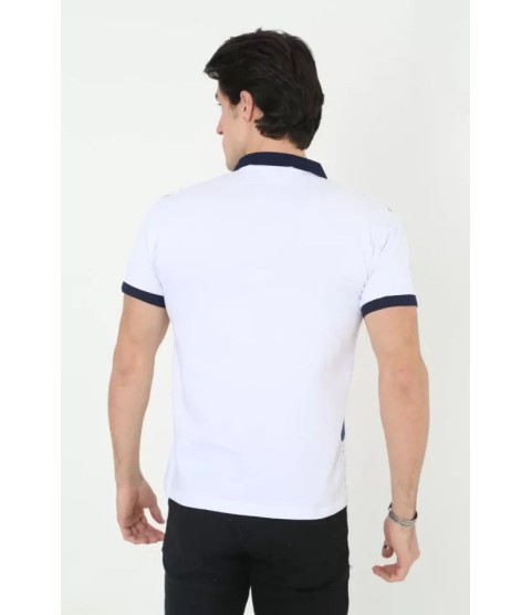 Erkek Yakalı Slim Fit Baskılı T-Shirt - Beyaz