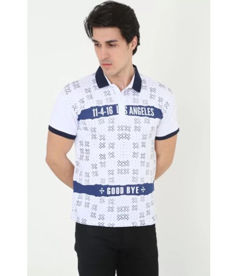 Erkek Yakalı Slim Fit Baskılı T-Shirt - Beyaz