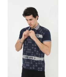 Erkek Yakalı Slim Fit Baskılı T-Shirt - Lacivert