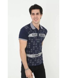 Erkek Yakalı Slim Fit Baskılı T-Shirt - Lacivert