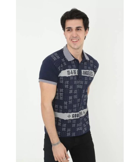 Erkek Yakalı Slim Fit Baskılı T-Shirt - Lacivert