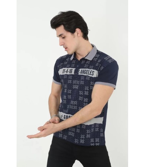 Erkek Yakalı Slim Fit Baskılı T-Shirt - Lacivert