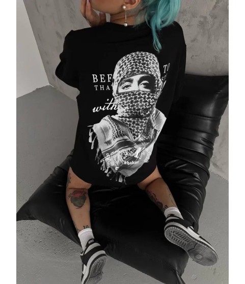 Unisex Baskılı Oversize T-Shirt - Siyah