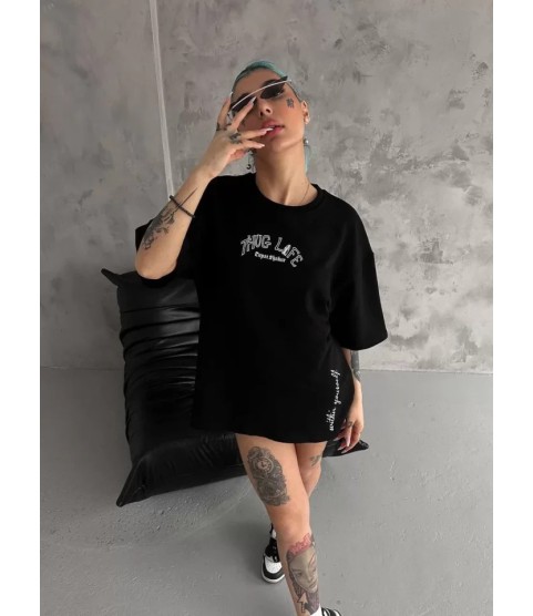 Unisex Baskılı Oversize T-Shirt - Siyah