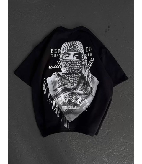 Unisex Baskılı Oversize T-Shirt - Siyah