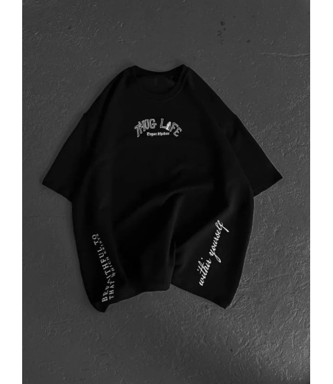 Unisex Baskılı Oversize T-Shirt - Siyah