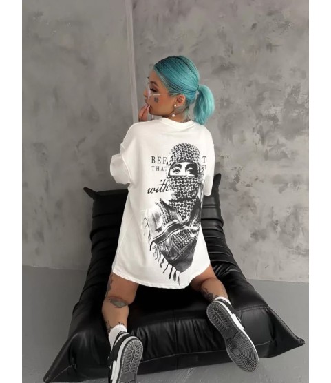 Unisex Baskılı Oversize T-Shirt - Beyaz
