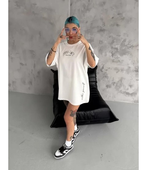 Unisex Baskılı Oversize T-Shirt - Beyaz
