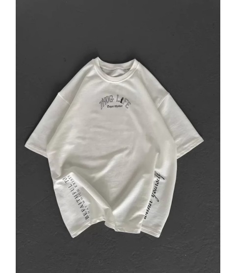 Unisex Baskılı Oversize T-Shirt - Beyaz