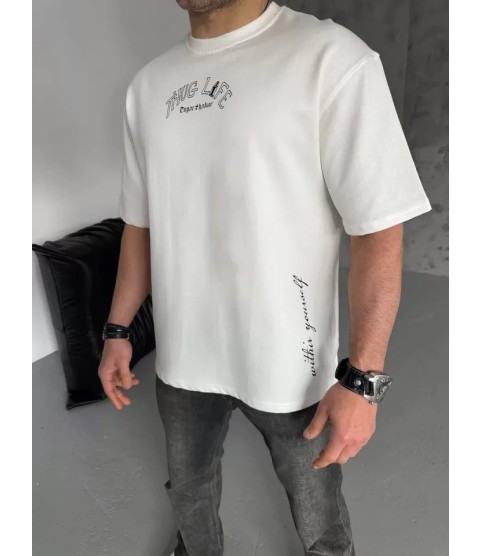 Unisex Baskılı Oversize T-Shirt - Beyaz
