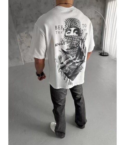 Unisex Baskılı Oversize T-Shirt - Beyaz