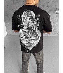 Unisex Baskılı Oversize T-Shirt - Siyah
