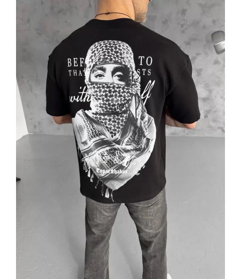 Unisex Baskılı Oversize T-Shirt - Siyah