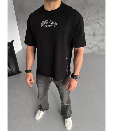 Unisex Baskılı Oversize T-Shirt - Siyah