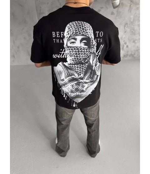 Unisex Baskılı Oversize T-Shirt - Siyah