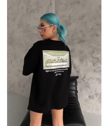Unisex Baskılı Oversize T-Shirt - Siyah