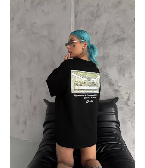 Unisex Baskılı Oversize T-Shirt - Siyah