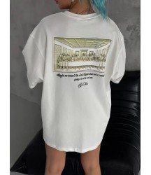 Unisex Baskılı Oversize T-Shirt - Beyaz