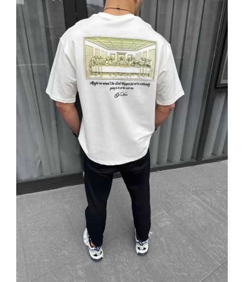 Unisex Baskılı Oversize T-Shirt - Beyaz