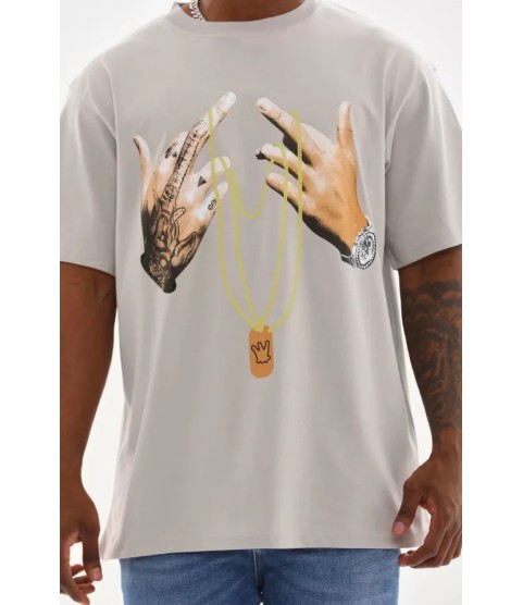 Unisex Baskılı Oversize T-Shirt - Gri