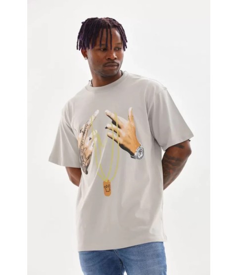 Unisex Baskılı Oversize T-Shirt - Gri