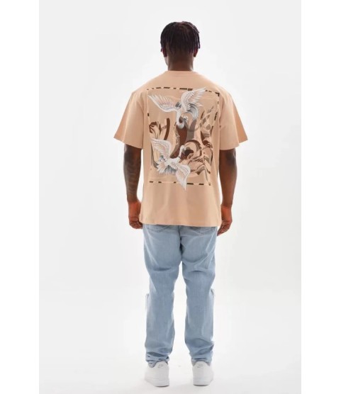 Unisex Baskılı Oversize T-Shirt - Bej