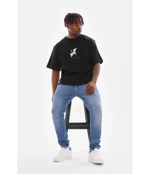 Unisex Baskılı Oversize T-Shirt - Siyah