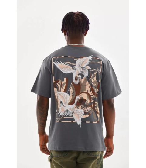 Unisex Baskılı Oversize T-Shirt - Füme