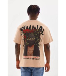Unisex Baskılı Oversize T-Shirt - Bej