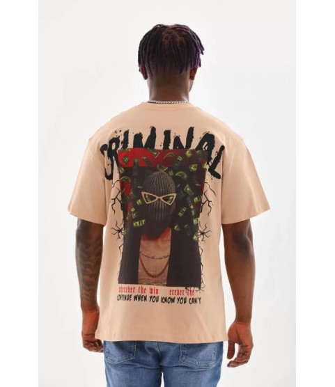 Unisex Baskılı Oversize T-Shirt - Bej