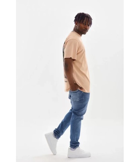 Unisex Baskılı Oversize T-Shirt - Bej