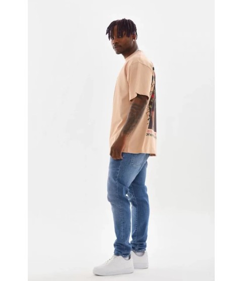 Unisex Baskılı Oversize T-Shirt - Bej