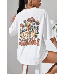 Unisex Baskılı Oversize T-Shirt - Beyaz