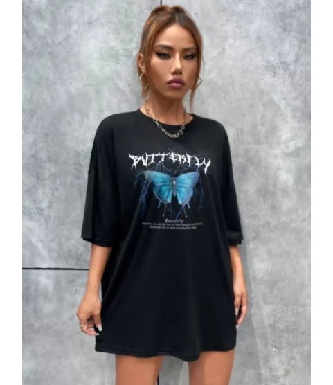 Unisex Baskılı Oversize T-Shirt - Siyah