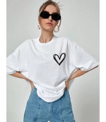 Unisex Baskılı Oversize T-Shirt - Beyaz