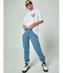 Unisex Baskılı Oversize T-Shirt - Beyaz