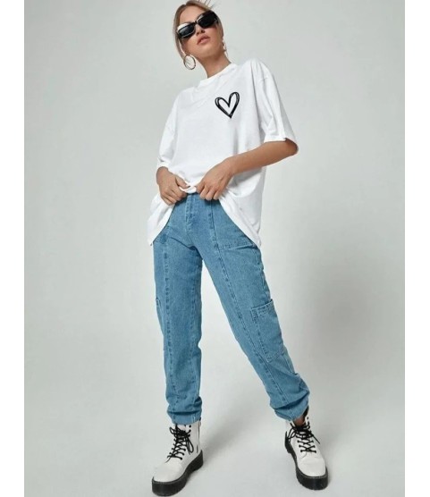 Unisex Baskılı Oversize T-Shirt - Beyaz