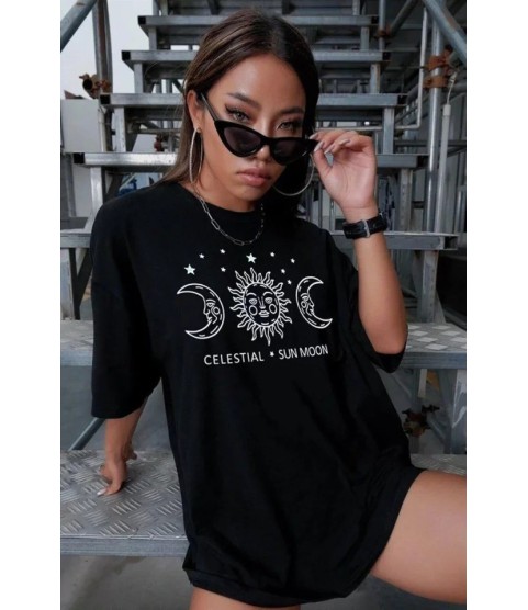 Unisex Baskılı Oversize T-Shirt - Siyah