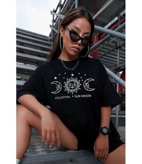 Unisex Baskılı Oversize T-Shirt - Siyah