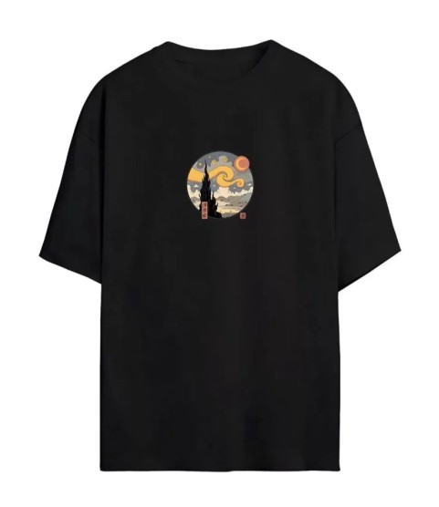 Unisex Baskılı Oversize T-Shirt - Siyah